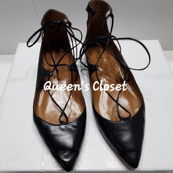 Aquazzura | Black Leather Christy Lace Up Flats - Picture 1 of 9